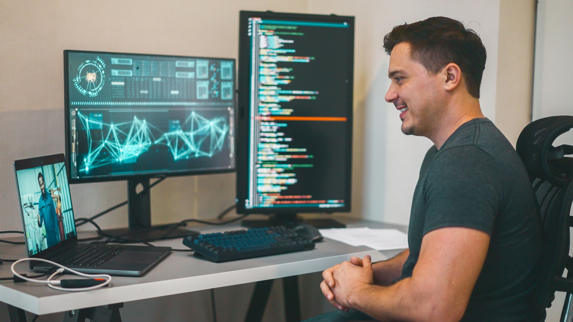 Software Engineer Man Having a Video Call with an Engineer on Site