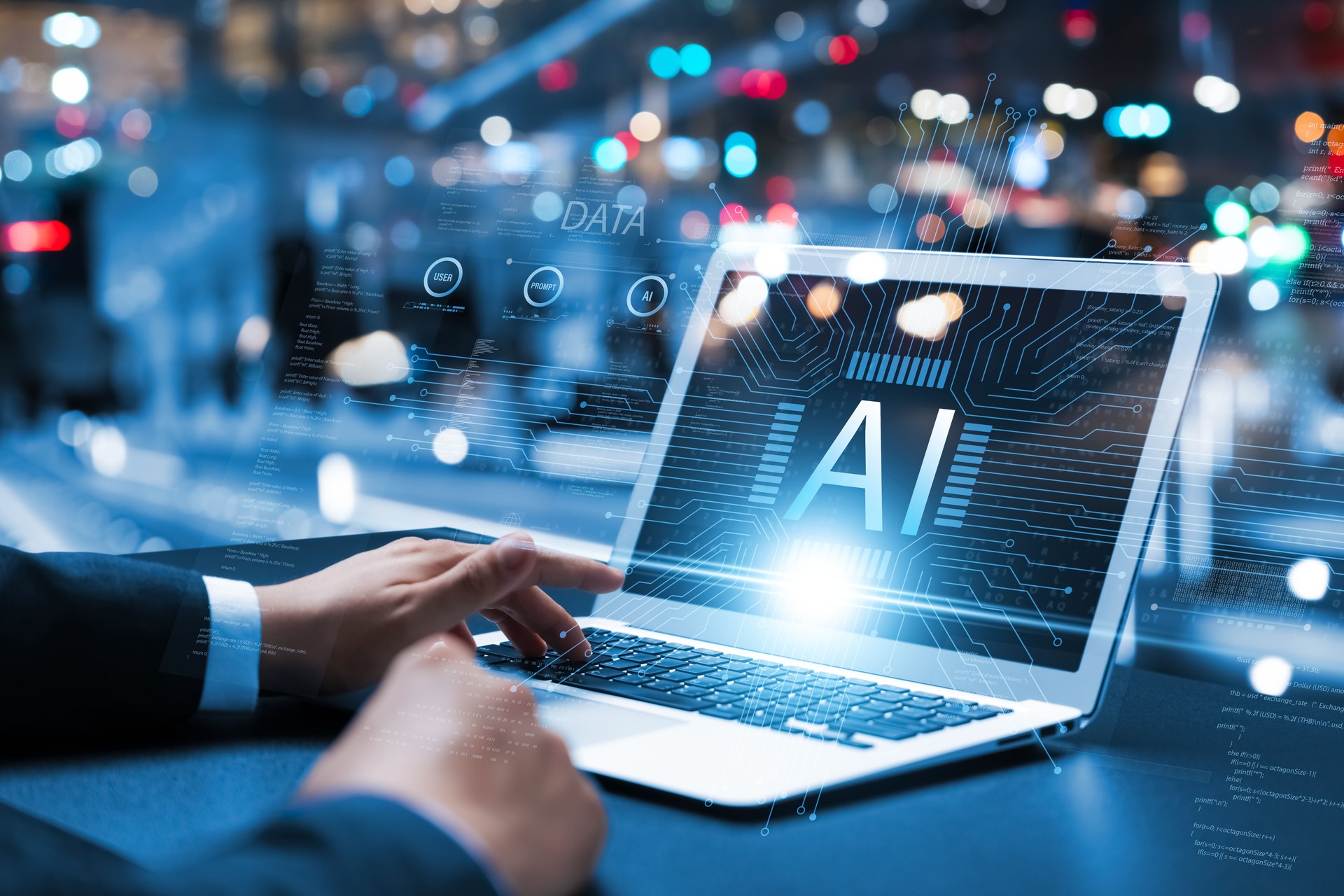 AI technology chatbot, businessman using laptop to communicate with AI and ask business questions, Using artificial intelligence solves human problems for users to achieve intelligent results.