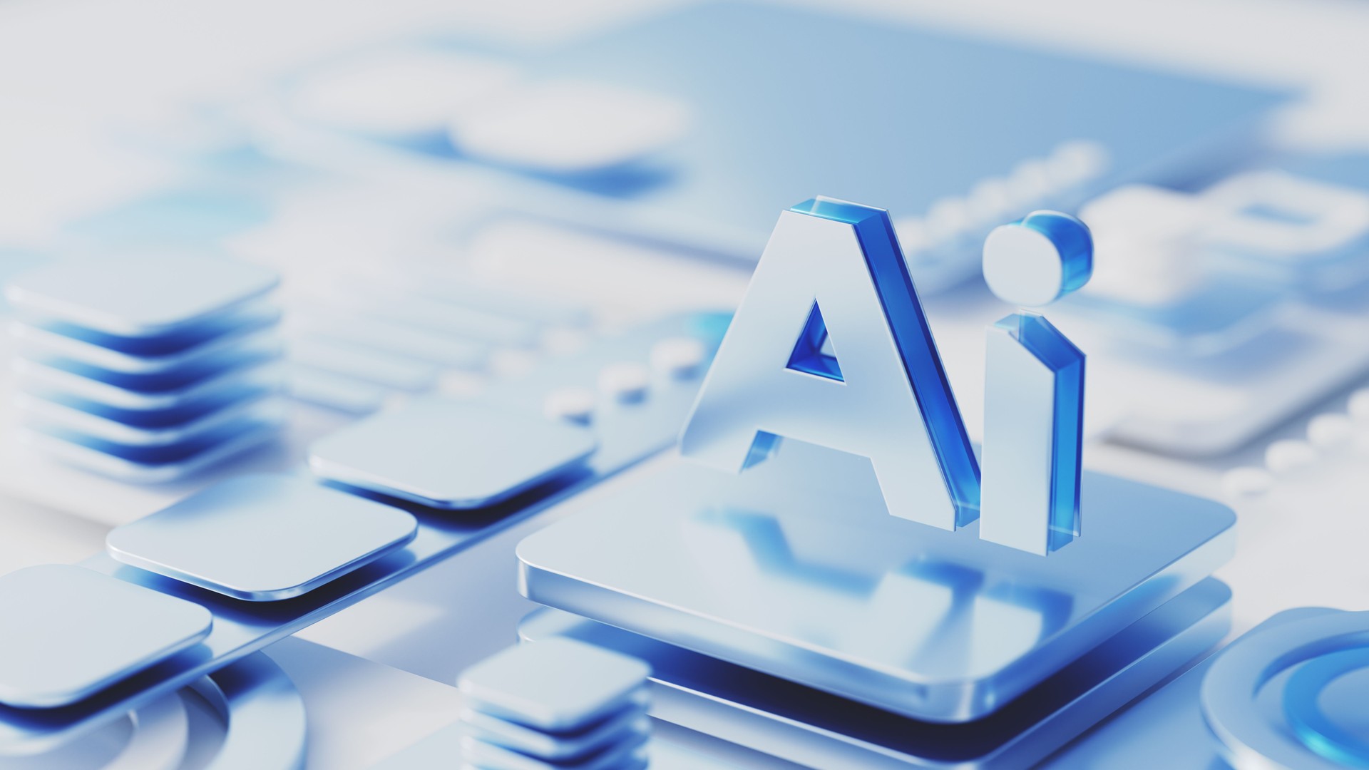 3D Ai icon on an abstract motherboard. Ideas, digital and network solution concepts